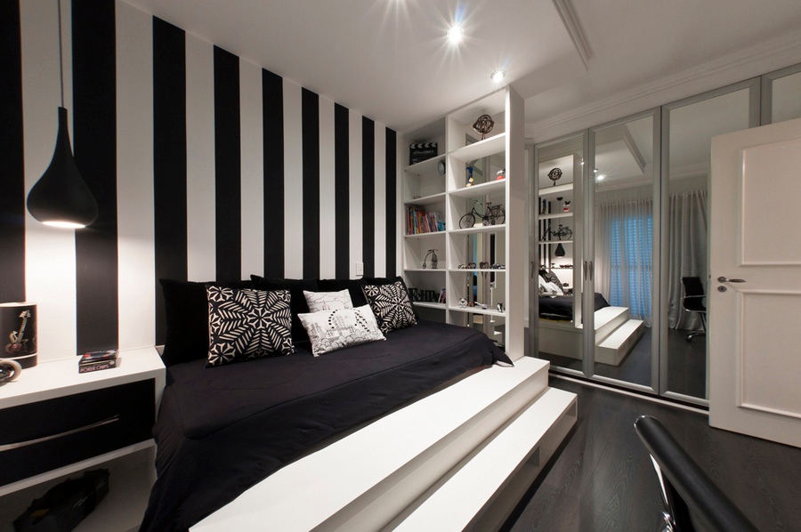 Ceiling Lighting Shelving Modern Ceiling Lighting And Tall Shelving Idea Feat Mirrored Closet Door Design In Black And White Bedroom   Combination Of Gothic And Minimalist Black White Bedroom Decoration 