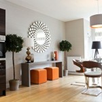 Dining Room Drum Modern Dining Room Chairs Also Drum Pendant Light Design Feat Elegant Long Console Table And Orange Ottomans Plus Huge Sunburst Wall Mirror  Long And Fascinating Console Table 
