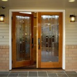Front Door And Modern Front Door With Wood And Stained Glass Idea Feat Unique Outdoor Wall Lamps Plus Gray Stone Floor Tile Exterior  Wonderful Front Door In Modern House Design 
