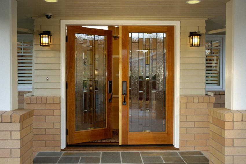 Front Door And Modern Front Door With Wood And Stained Glass Idea Feat Unique Outdoor Wall Lamps Plus Gray Stone Floor Tile  Wonderful Front Door In Modern House Design 
