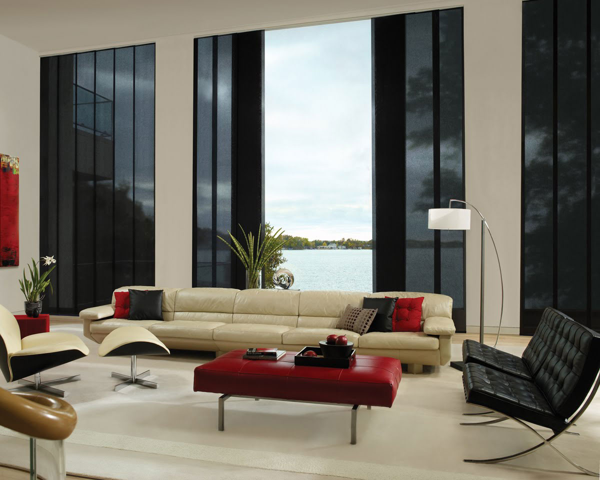 Living Room Black Modern Living Room Design With Black Window Covering Ideas And Modern Cream Sofa And Red Coffee Table Style Decoration Window Covering Ideas With A 50 Shades Of Curtains And Sliding Patio Doors