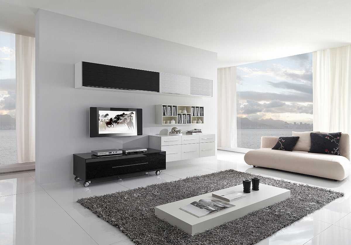 Living Room A Modern Living Room View Of A House With White Marble Floor White Painted Walls White Curtained Glass Walls And Flat Screen TV For Home Interior Design Ideas Architecture Extraordinary Home Design In Modern Interior Style