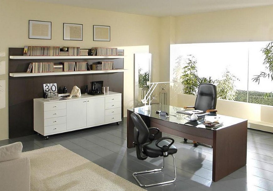 Office Decorating Black Modern Office Decorating Idea With Black And White Furniture Feat Large Window Plus Comfy Leather Chairs Office  Home Office Decorating Ideas Combining Casualness And Elegance 