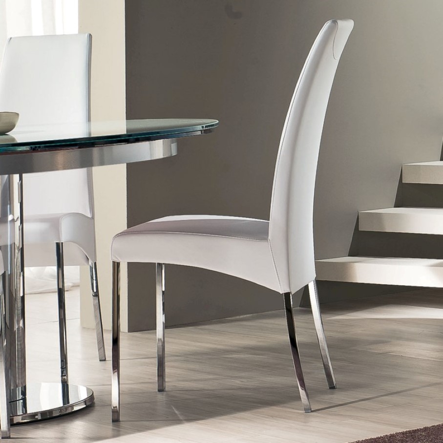 Round Glass Paired Modern Round Glass Dining Table Paired With Contemporary White Chairs Set In Front Of Floating Stairway Design Dining Room  Cool Dining Room With Contemporary Dining Chairs 