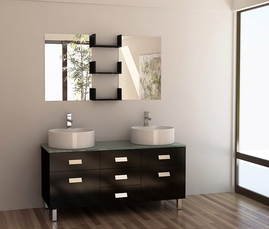 Tiered Wall Frameless Modern Tiered Wall Shelves Plus Frameless Mirror Idea Also Dark Laminate Floor Feat Trendy Black Bathroom Vanity And Round Sinks Bathroom  Bathroom Vanities And Sinks To Enhance Your Bathroom Style 