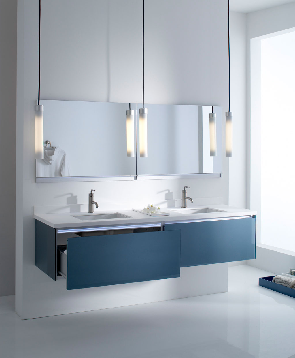 Wall Mounted With Modern Wall Mounted Bathroom Vanity With Double Drawers And Under Mount Sinks Feat Beautiful Light Fixture Bathroom Modern Bathroom Vanity Ideas