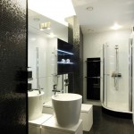 White And Decorating Modern White And Black Bathroom Decorating Ideas With Long Narrow Spaces And Interesting Shower Design Also Simple Black Vanity Idea Plus Large Mirror Design Bathroom The Most Comfortable Bathroom Decorating Ideas