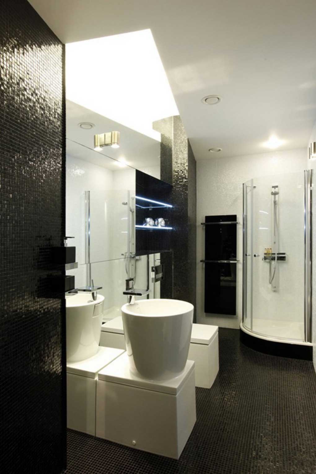 White And Decorating Modern White And Black Bathroom Decorating Ideas With Long Narrow Spaces And Interesting Shower Design Also Simple Black Vanity Idea Plus Large Mirror Design Bathroom The Most Comfortable Bathroom Decorating Ideas