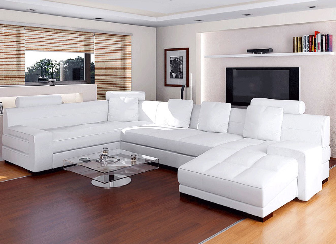 White Leather U Modern White Leather Sofa With U Shaped Design Feat Unique Living Room Bay Window Curtain And Square Glass Coffee Table Furniture  Awesome Modern Luxury White Leather Sofa 
