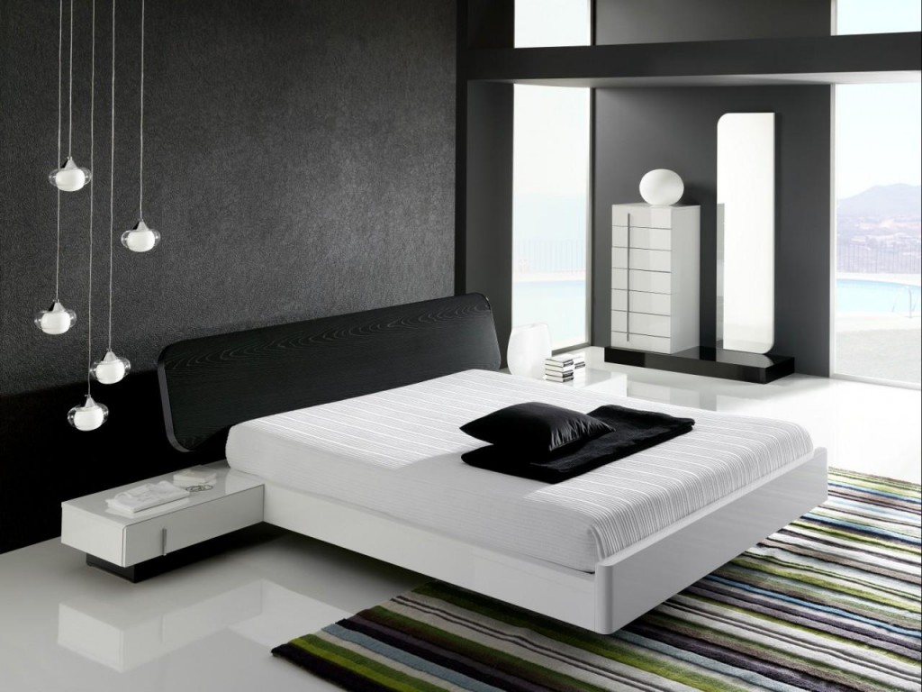 Black White With Monochromatic Black White Bedroom Interior With Hanging Bulb Lighting And Modern Platform Bedding Sets Above Striped Rug Ideas Bedroom 23 Marvelous Black And White Bedroom Design Full Of Personality