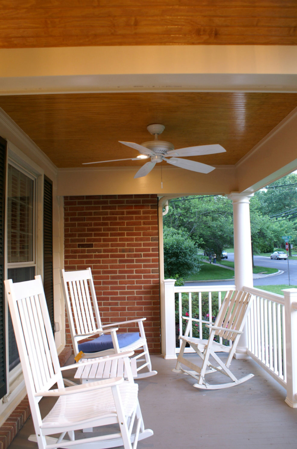 Terrace Featured White Narrow Terrace Featured Super Comfortable White Rocking Chairs Also Beautiful Exterior Ceiling Fans Exterior Exterior Ceiling Fans With Stylish Design
