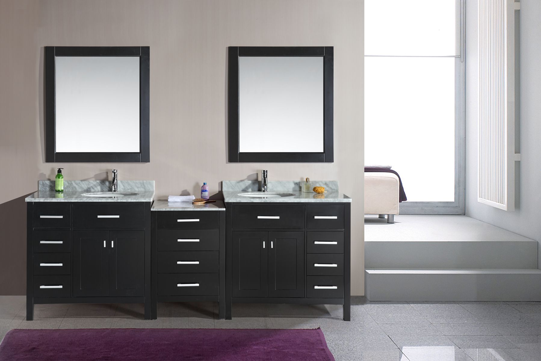 Double Sink With Natty Double Sink Vanity London With Square Mirrors And Purple Shag Rug Bathroom Double Sink Vanity Application For Spacious Bathroom Design