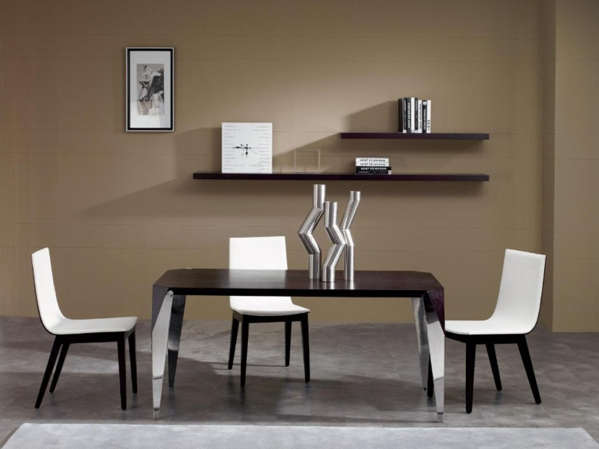 Brown Wall Two Neutral Brown Wall Color Feat Two Tier Bookshelf Design And Modern Small Dining Room Table Set Plus Black White Chairs Idea Dining Room  Recreating Overwhelming Vibe In Favorite Family Spot Via Modern Dining Room Sets 