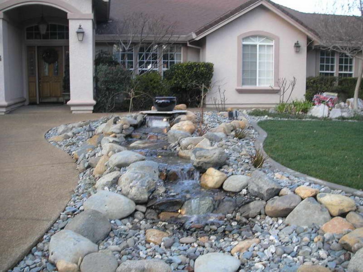 Cream House Before Neutral Cream House Painting Designed Before Front Yard Garden Landscaping With Natural Stream Appliance Through Rock Garden Garden  Landscaping With Rocks Present Impressing Landscape 