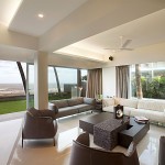 Living Room Design Open Living Room Beach Apartment Design With Wooden Table Brown Leather Chairs White Sofa And Window Curtains Ideas Stylish Beach Apartment With Stunning Terrace And Ocean View