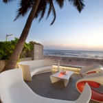 Lounge Room Beach Outdoor Lounge Room Deck Balcony Beach Apartment Design With Modern Round Sofa And Chairs With Table Lighting Ideas Plus Glass Railings Apartment Stylish Beach Apartment With Stunning Terrace And Ocean View