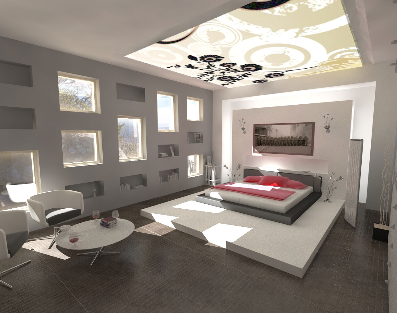 Modern Bedroom With Outstanding Modern Bedroom Design Ideas With White King Bed On Grey Platform Furnished With Decorations On Side Bed Also Completed With Oval Table And Chairs Bedroom 15 Charming Bedroom Design Ideas For Beautiful Hillside Homes