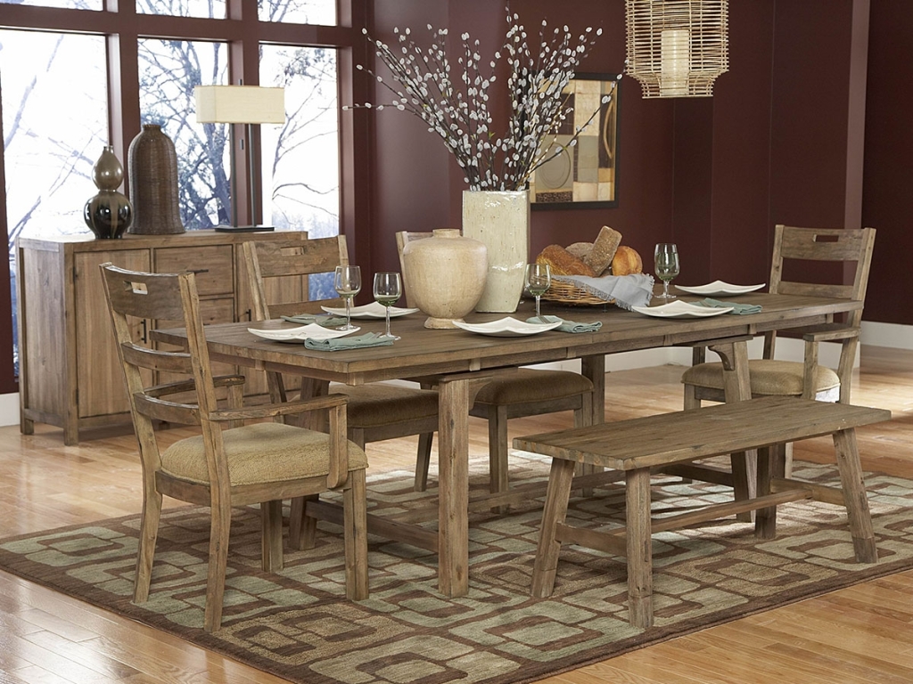Natural Wooden Rustic Outstanding Natural Wooden Furniture In Rustic Dining Room With Table And Chairs Plus Bench On Rug Completed With Dining Room Buffet And Furnished With Cupboard Dining Room Simple And Functional Dining Room Buffet