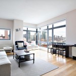 Corner Window Pretty Oversized Corner Window Idea Also Pretty Long Island City Apartment With Contemporary Dining Furniture And Large Gray Sofa Design Apartment Compact Long Island City Apartment Interior Design In Open Plan Layout