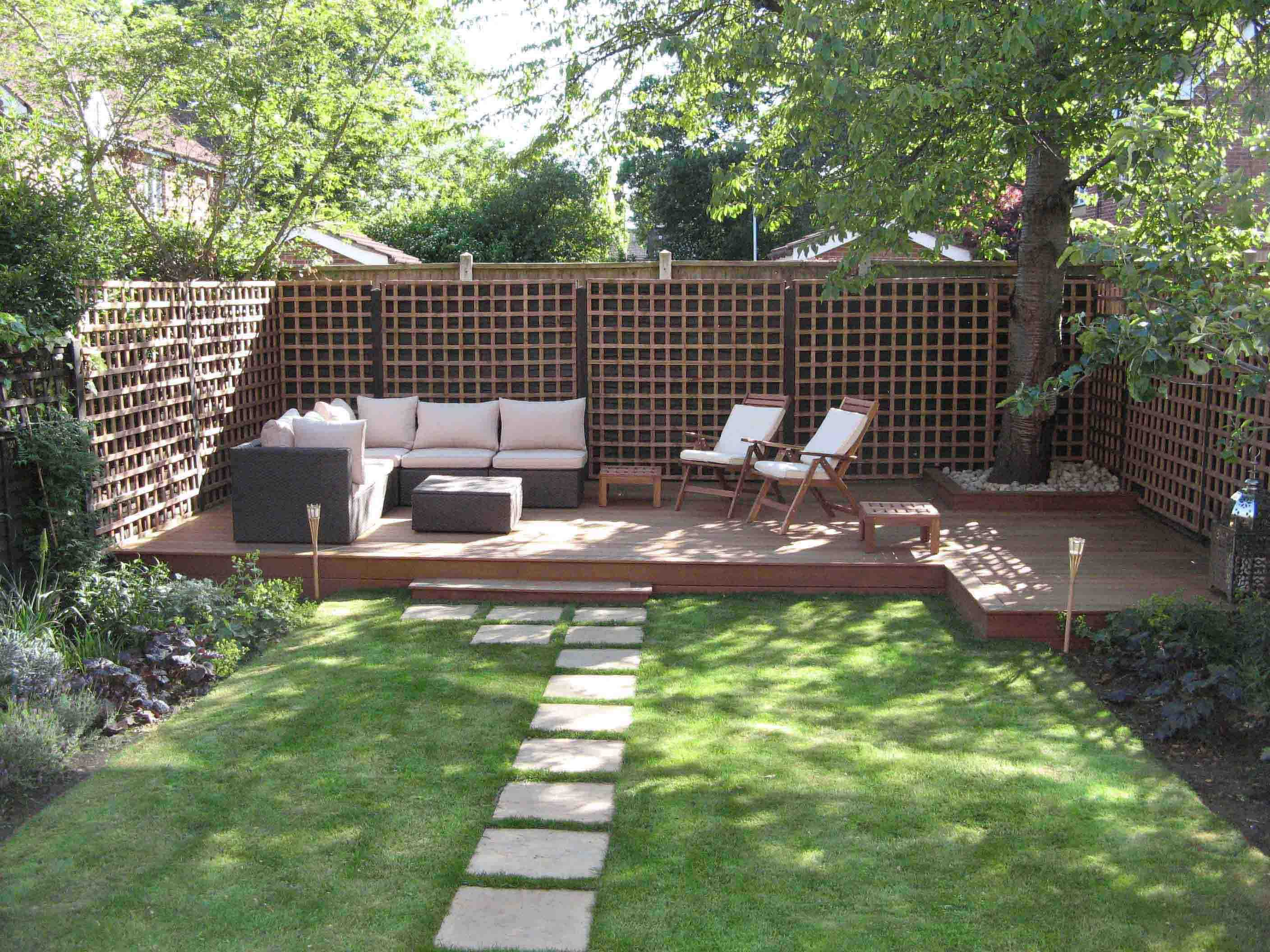 Small Backyard Bright Personable Small Backyard Ideas With Bright Tiles And Cozy Exterior Seating Set Backyard Small Backyard Ideas For You Who Love Simplicity