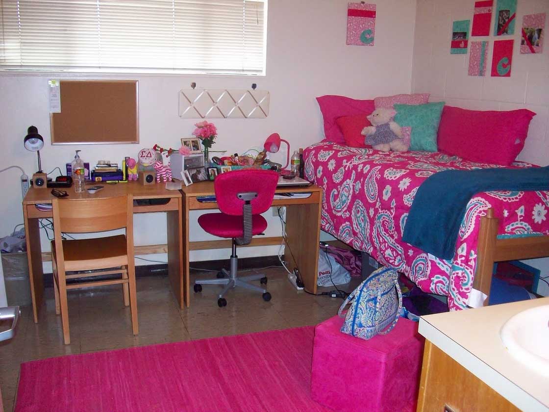 Area Rug Dorm Pink Area Rug Also Cute Dorm Decorating Idea And Comfortable Desk Chair Design Plus Retro Pattern Bedding Decoration Minimalist Dorm Decorating Ideas Along With Compact Features And Simple Accessories