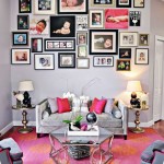 Rug On Paired Pink Rug On Laminate Floor Paired With Grey Sofa Plus Coffee Table Embellished With Fascinating Photo Collage  Decoration  Having Fun Interior Convenience After Applying Creative Photo Collage Ideas 
