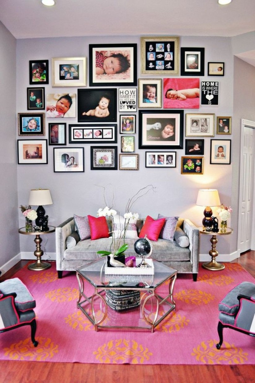 Rug On Paired Pink Rug On Laminate Floor Paired With Grey Sofa Plus Coffee Table Embellished With Fascinating Photo Collage  Decoration  Having Fun Interior Convenience After Applying Creative Photo Collage Ideas 