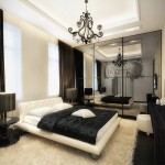 Bedroom With White Plush Bedroom With Black And White Furniture Design Also Metal Chandelier And Mirrored Closet Door Idea Bedroom  Combination Of Gothic And Minimalist Black White Bedroom Decoration 