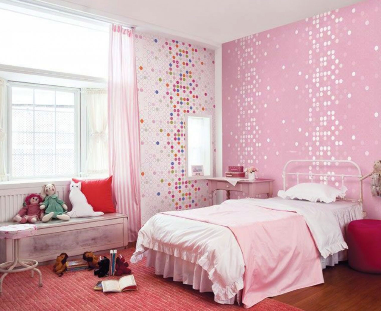Dot Wallpaper Girl Polka Dot Wallpaper Also Pretty Girl Bedroom Furniture With White Metal Frame Bed Plus Small Window Bench Also Plush Red Area Rug Bedroom Girl Bedroom Decoration Ideas Added With Simple Furniture