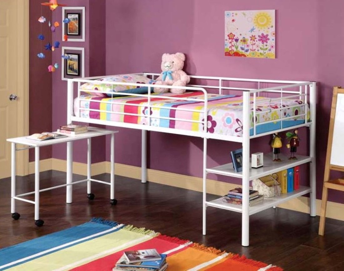 Desk Design Cool Portable Desk Design Idea Feat Cool Loft Bed With Shelves And Rainbow Area Rug In Kids Girl Bedroom Kids Room 30 Functional Twin Loft Bed Design Furniture With Desk For Kids