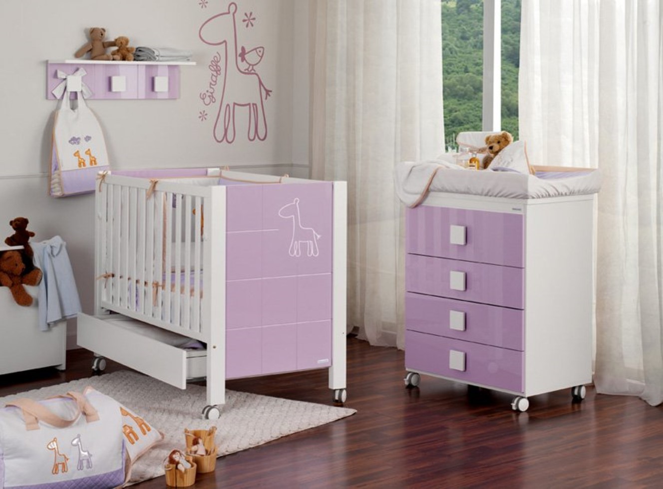 Purple White Changing Portable Purple White Crib And Changing Pad Furniture In Sweet Modern Baby Nursery With Laminate Floor Kids Room Various Baby Nursery Furniture For Wonderful Baby Room