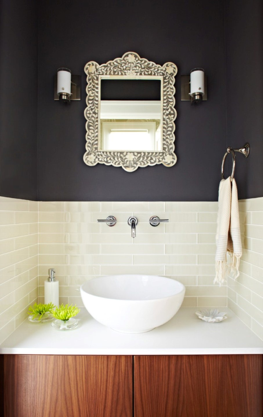 Room Idea Mirror Powder Room Idea Featured Unusual Mirror Frame Also Wall Mount Faucet Design And Pretty Washbowl Bathroom  Inspiring Wall Mount Faucets In Comely Bathrooms 
