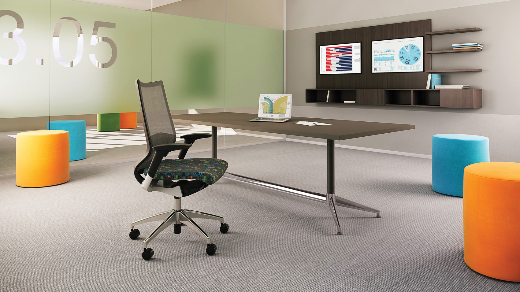First Office With Pretentious First Office Furniture Visualized With Colorful Round Puffs And Elegant Swivel Chair Furniture Exquisite Office Furniture Designs By First Office