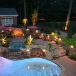 Backyard With Pool Pretty Backyard With Free Form Pool Idea Feat Stylish Exterior Light Fixtures And Red Patio Umbrellas Magnificent Lighting Fixture For A Wonderful Outdoor Design