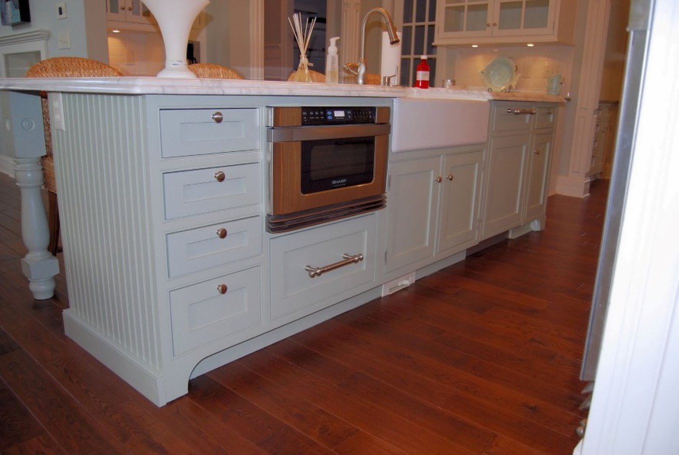 Farmhouse Sink Wood Pretty Farmhouse Sink Plus Red Wood Floor Color Idea Also Under Counter Microwave And Nice Blue Wall Paint Design Kitchen  Interesting Information On Under-Counter Microwave 