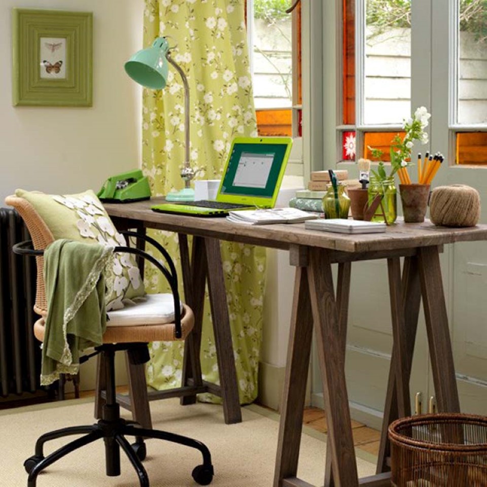 Floral Pattern With Pretty Floral Pattern Curtain Mixed With Rustic Home Office Furniture Sets And Green Tolomeo Lamp Office Some Tips For Creating Relax And Comfortable Office Or Work Space At Your Home