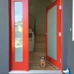 Front Door Modern Red Front Door Design In Modern Style Combined With Glass Material And Burlap Mats Design For Home Inspiration Exterior Red Front Door As Surprising Door Design For Modern Home