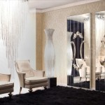 Interior Design Fur Regal Interior Design With Black Fur Area Rug And Awesome Large Mirror Idea Also White Wingback Chairs Plus Huge Crystal Chandelier House Designs  Maximize Your Reflection On A Large Wall Mirror 