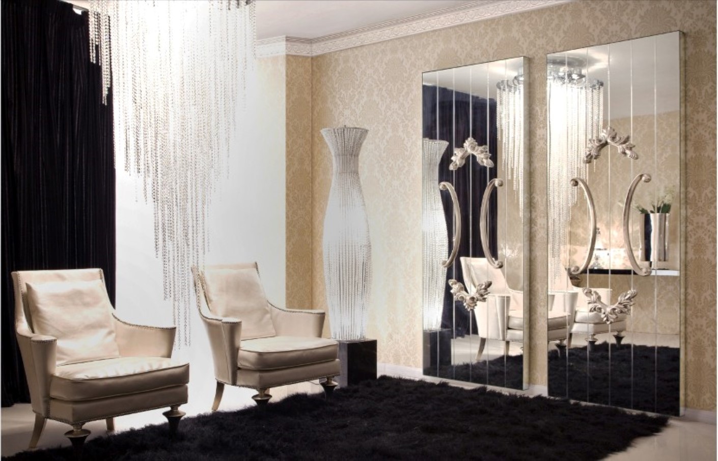 Interior Design Fur Regal Interior Design With Black Fur Area Rug And Awesome Large Mirror Idea Also White Wingback Chairs Plus Huge Crystal Chandelier House Designs  Maximize Your Reflection On A Large Wall Mirror 