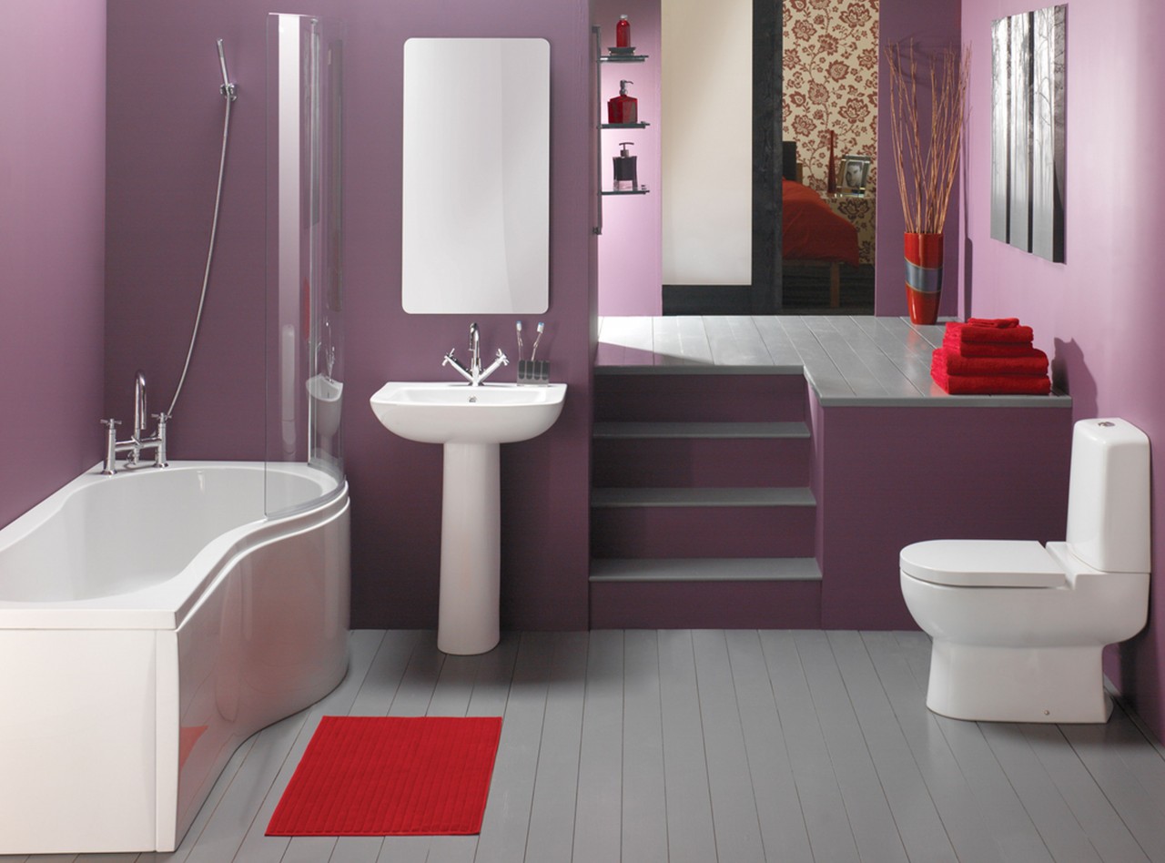 Purple Bathroom Completed Remarkable Purple Bathroom Paint Ideas Completed With White Bathtub Equipped By Clear Glass Divider And Furnished With Toilet Seat Also Pedestal Sink Coupled By Mirror Bathroom The Great Advantages Of Bathroom Paint Ideas