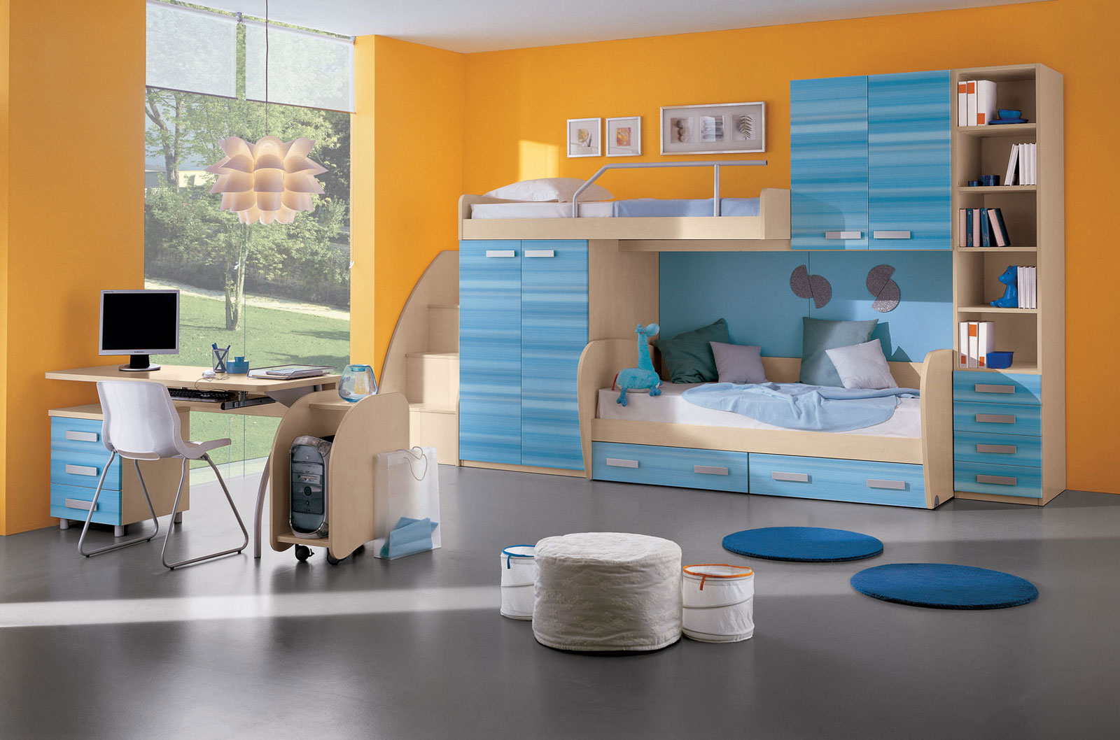 Yellow Accent Matched Remarkable Yellow Accent Wall Color Matched With Blue Furniture Of Boys Bedroom Ideas Completed With Twin Bunk Bed Combined By Drawers Cabinets And Furnished With Desk Plus White Chair Bedroom Boys Bedroom Ideas: The Important Aspects