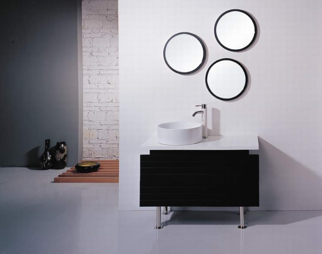 Wall Mirrors Black Round Wall Mirrors Plus Modern Black Bathroom Cabinet Idea And Stylish Vessel Sink Feat Vanity Top Faucet Design Bathroom Bathroom Cabinetry For Various Bathroom Design