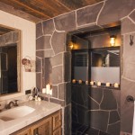 Bathroom With Wall Rustic Bathroom With Gray Flagstone Wall Plus Unique Sconces Vanity Lighting Idea And Wood Mirror Frame Design  Rustic Bathroom Ideas Present Elegant Bathroom 
