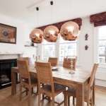 Dining Furniture Double Rustic Dining Furniture Set Plus Double Sided Fireplace Feat Cool Copper Pendant Lights Idea  Pendant Lights With Beautiful Copper Shades Become The Center Of Attention In Rooms 