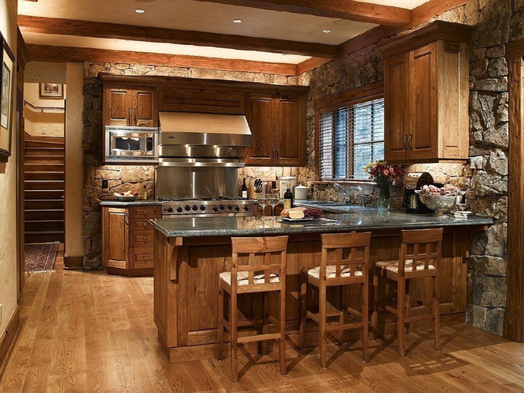 Kitchen Featured Beam Rustic Kitchen Featured Exposed Wooden Beam Also Stone Accent Wall And Cozy Barstools Plus Steel Backsplash Behind Stove Idea  Awesome Designs From Rustic Kitchen Ideas 