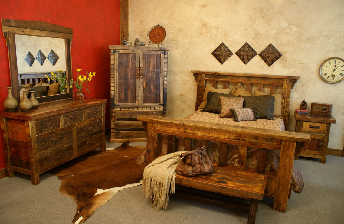 Log Bedroom Design Rustic Log Bedroom Furniture Set Design Feat Animal Skin Rug Idea And Red Accent Wall Paint Bedroom Rustic Bedroom Ideas With Delightful Interiors And Furniture