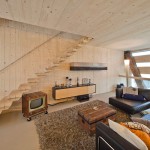 Modern Living Under Rustic Modern Living Room Design Under Mounted Stairs With Cable Wire Staircase And Fur Rug Chest Of Drawer And Black Leather Chaise Lounge Sofa Ideas Architecture Sustainable Contemporary Home With Strongly Rustic Elements