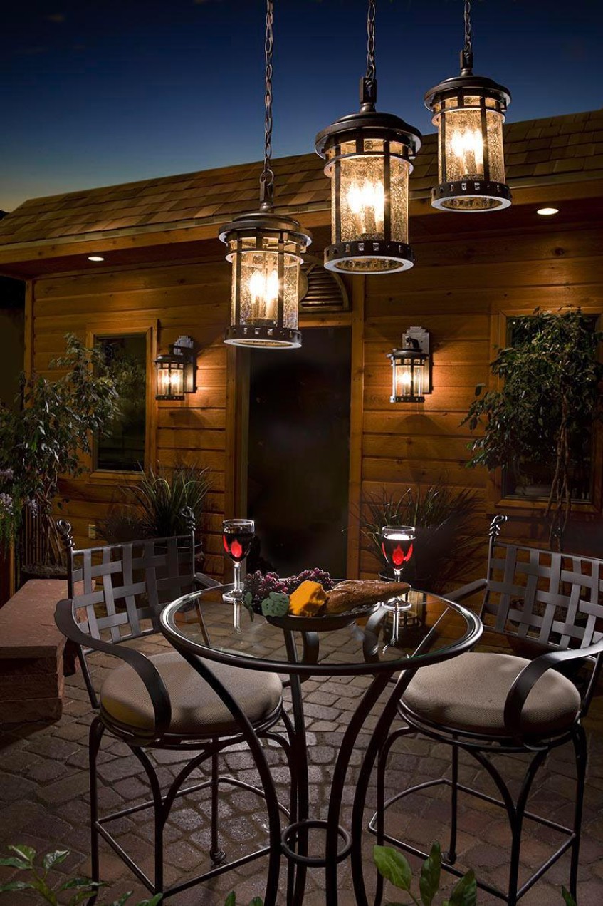 Pendant Lamps Wall Rustic Pendant Lamps And Twin Wall Sconces For Patio Lighting Idea Feat Trendy Outdoor Furniture Set Decoration  Glowing In Glimmery With Patio Lighting Ideas 