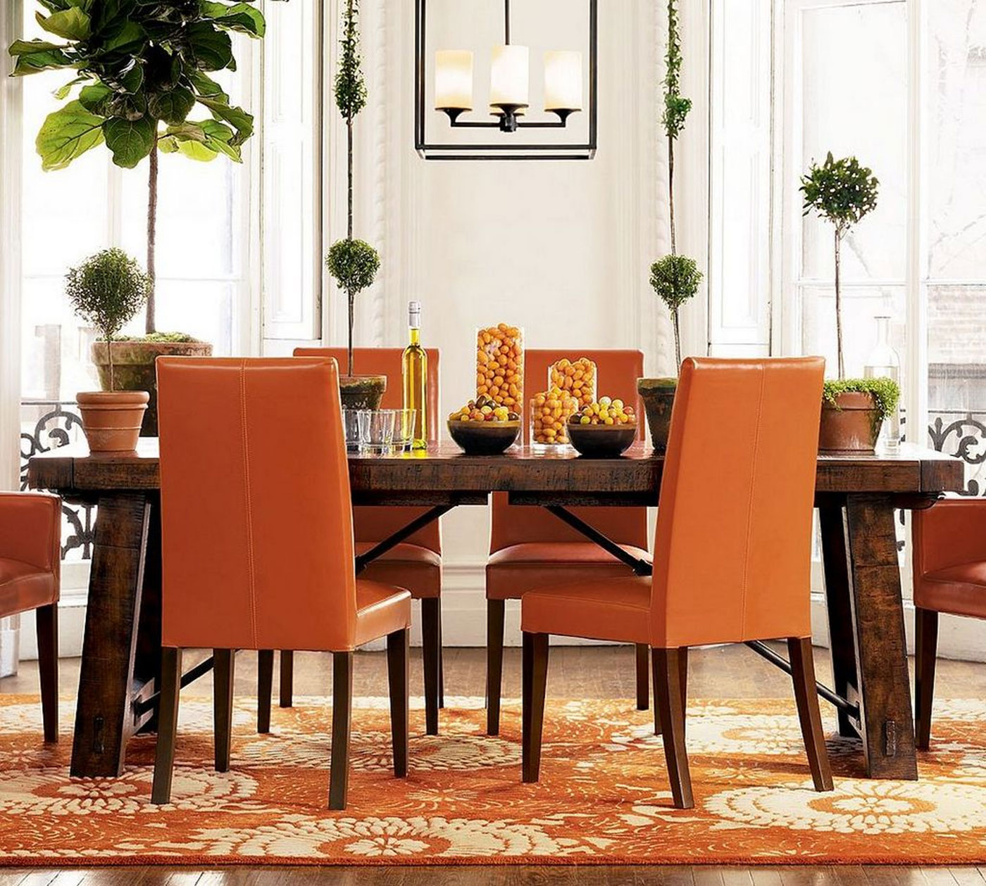 Dining Room 6 Rusting Dining Room Furniture Tables 6 Design Ideas With Exciting Orange Colored Chairs Design And Classy Dark Brown Wooden Table Ideas Also Fresh Bowl Of Fruit And Flower Vase Idea Dining Room Modern Dining Room Furniture Design