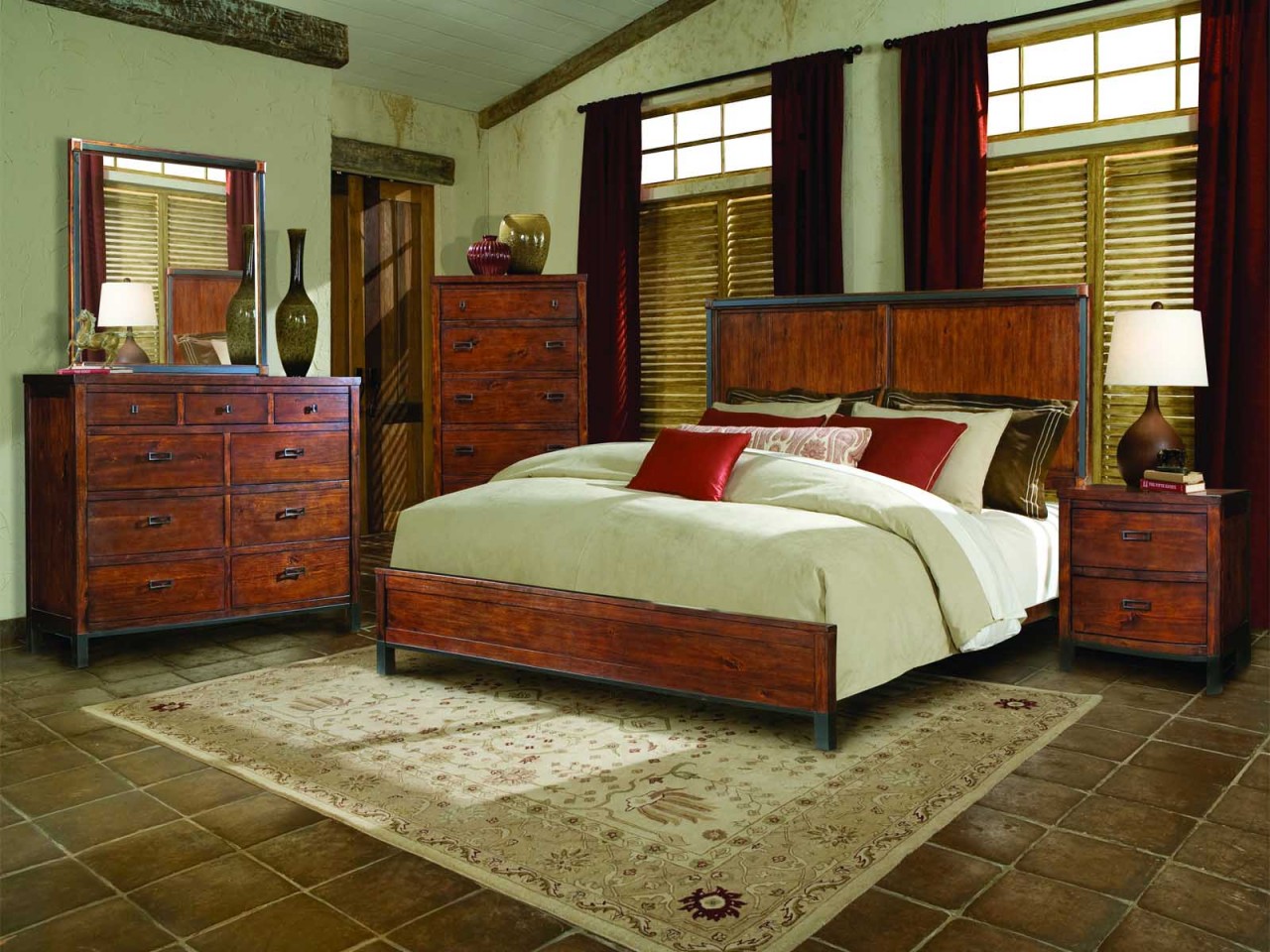 Chic Brown Floor Shabby Chic Brown Interior Tile Floor For Rustic Bedroom Furniture With Dashing Window Treatments Bedroom Breathtaking Rustic Bedroom Furniture Sets With Warm Impression